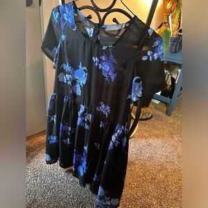 Black and Blue floral baby Doll Dress, sheer top